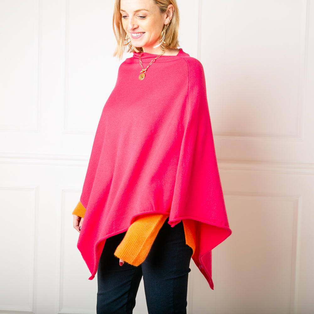 Tilley poncho in Flamingo Pink, super soft, high neck, waterfall shape, easy to wear, women's outerwear, women's ponchos, multiple ways to style