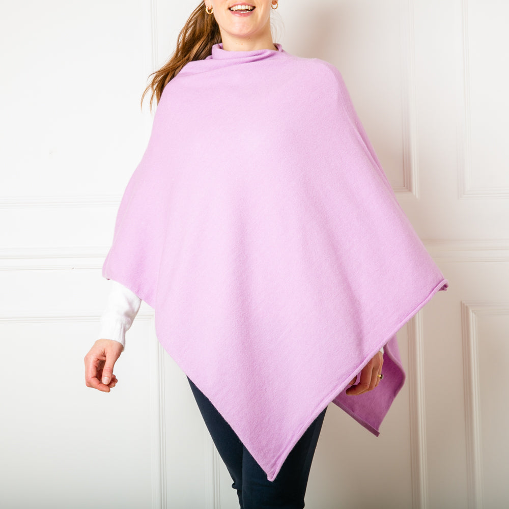 Tilley poncho in Lilac, super soft, high neck, waterfall shape, easy to wear, women's outerwear, women's ponchos