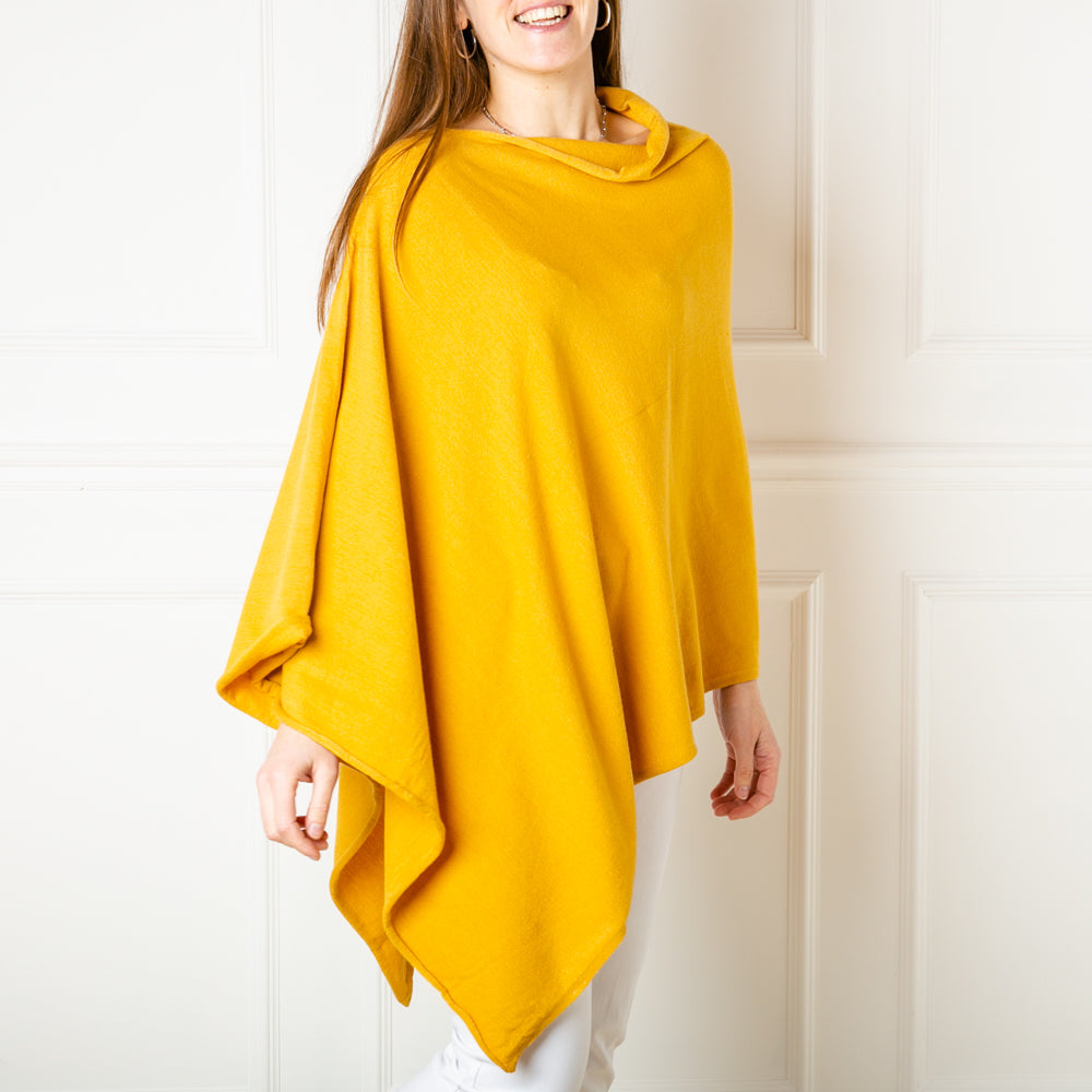 Tilley poncho in Burnt mustard yellow, super soft, high neck, waterfall shape, easy to wear, women's outerwear, women's ponchos