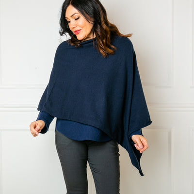 Tilley poncho in Navy, super soft, high neck, waterfall shape, easy to wear, women's outerwear, multiple ways to style 