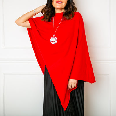 Tilley poncho in Red, super soft, high neck, waterfall shape, easy to wear, multiple ways to style
