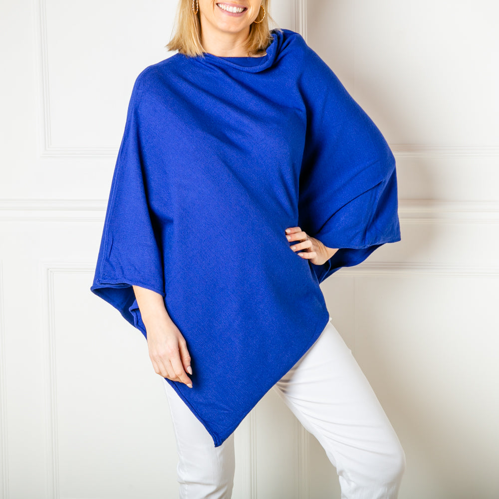 Tilley poncho in Royal Blue, super soft, high neck, waterfall shape, easy to wear, women's outerwear, women's ponchos