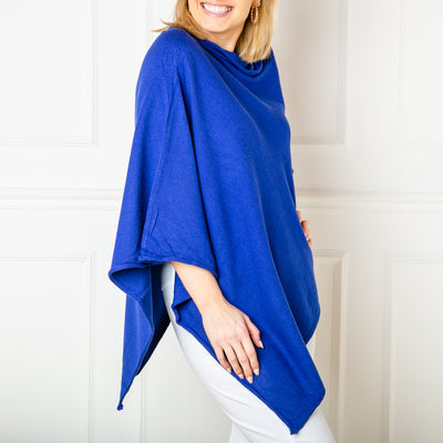 Tilley Poncho in Royal Blue with a asymmetric neckline to create a gathered effect