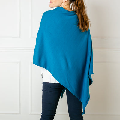 Tilley poncho in Teal, super soft, high neck, waterfall shape, easy to wear, women's outerwear, women's ponchos