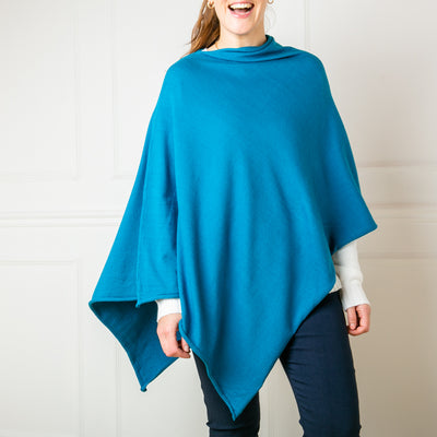 Tilley poncho in Teal, super soft, high neck, waterfall shape, easy to wear, women's outerwear, women's ponchos, deep teal tones