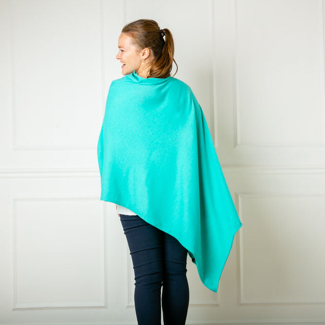 Tilley poncho in Turquoise, super soft, high neck, waterfall shape, easy to wear, women's outerwear, women's ponchos