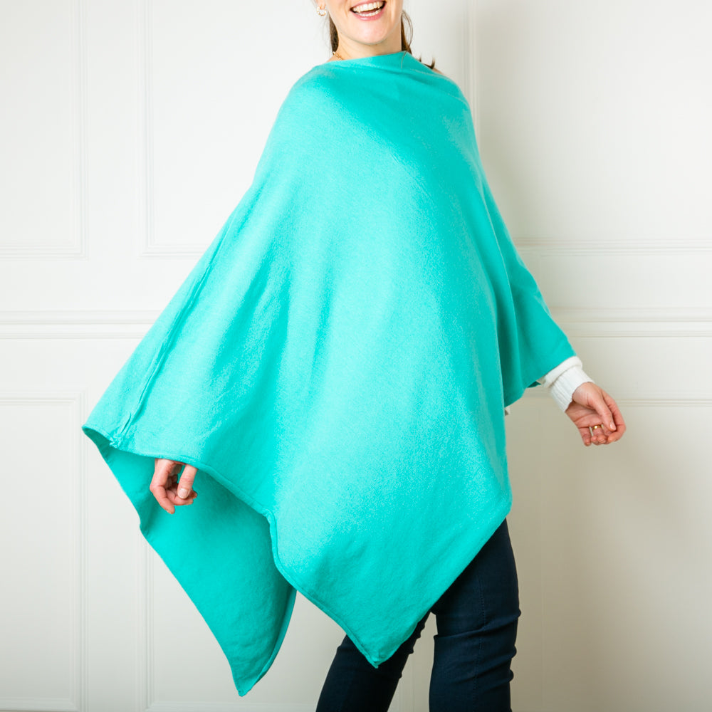 Tilley poncho in Turquoise, super soft, high neck, waterfall shape, easy to wear, women's outerwear, women's ponchos, multiple ways to style