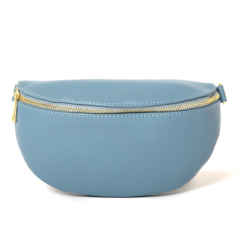 Winchester leather handbag in Denim Blue, half moon shape, gold hardware, Italian leather handbag