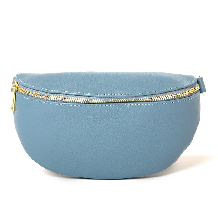 Winchester leather handbag in Denim Blue, half moon shape, gold hardware, Italian leather handbag