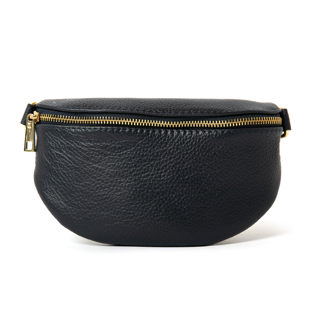 Winchester leather handbag in navy with gold hardware, half moon shape, easy to wear with an adjustable bag strap